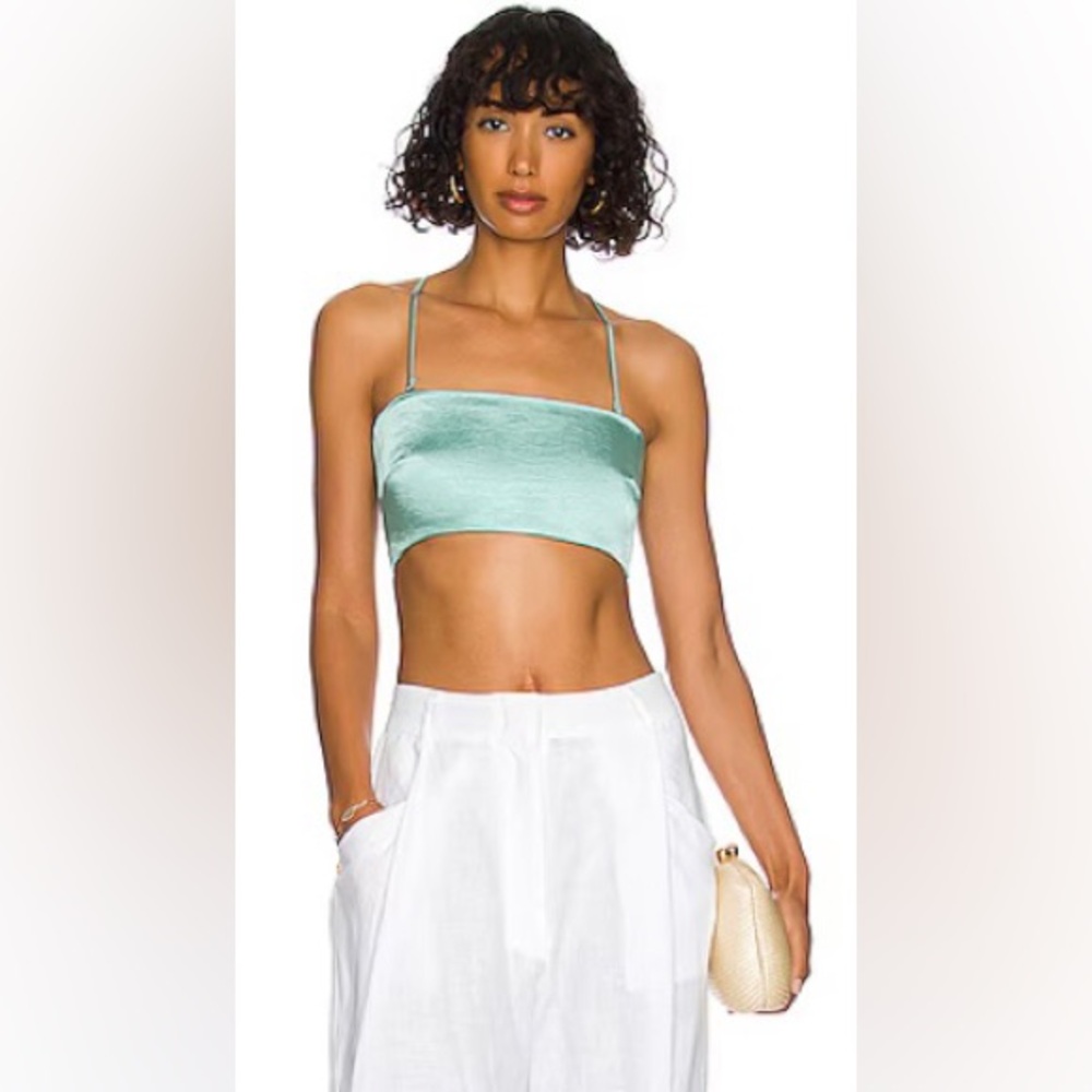 Lovers and Friends Revolve Kayleigh Top in Mermaid Green satin crop clasp back